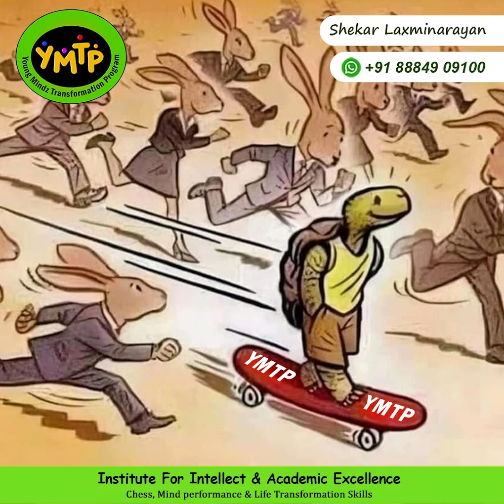 YMTP tortoise on a skateboard speeding past the hares — slow and steady, transformed